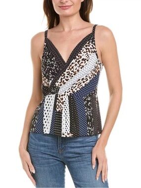 CAbi Mixed-Print Wrap Camisole - Blue/Black/White